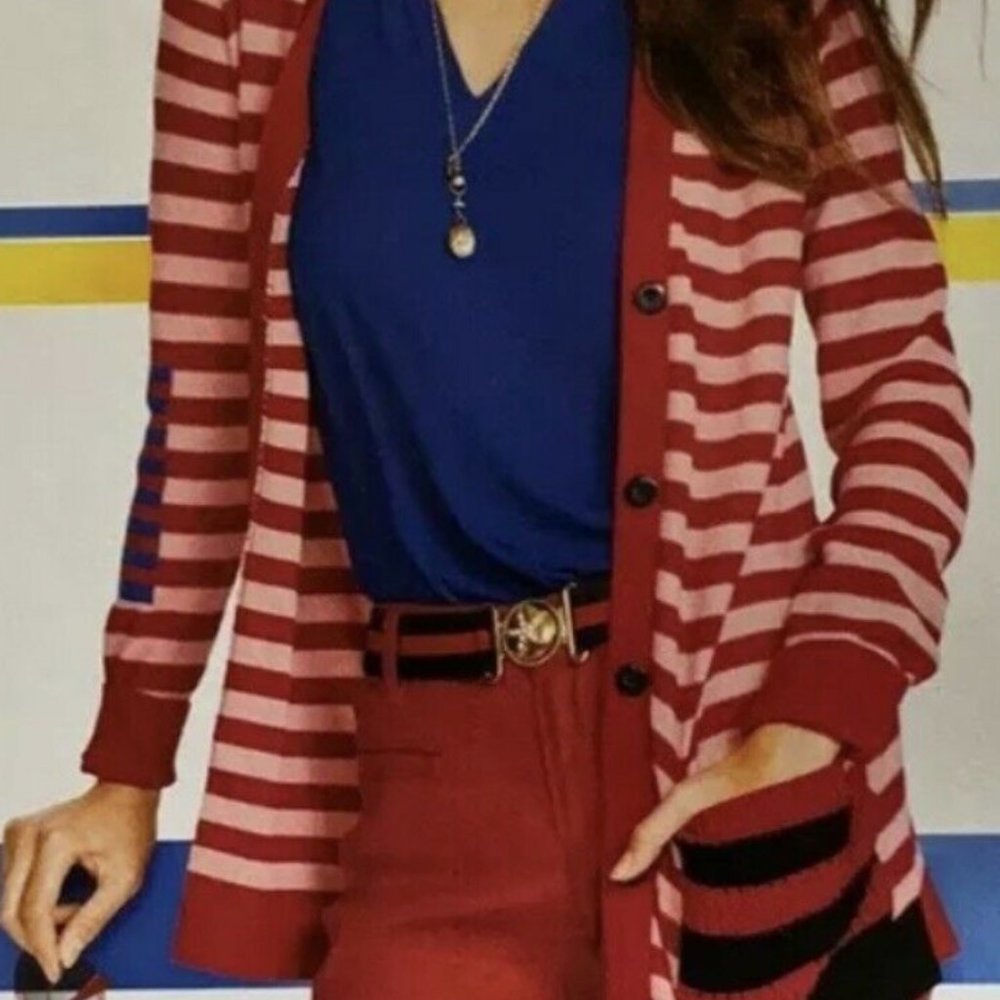 CAbi Picnic Cardigan Sweater Style #5446 Pink & Red Blue Stripes Size M